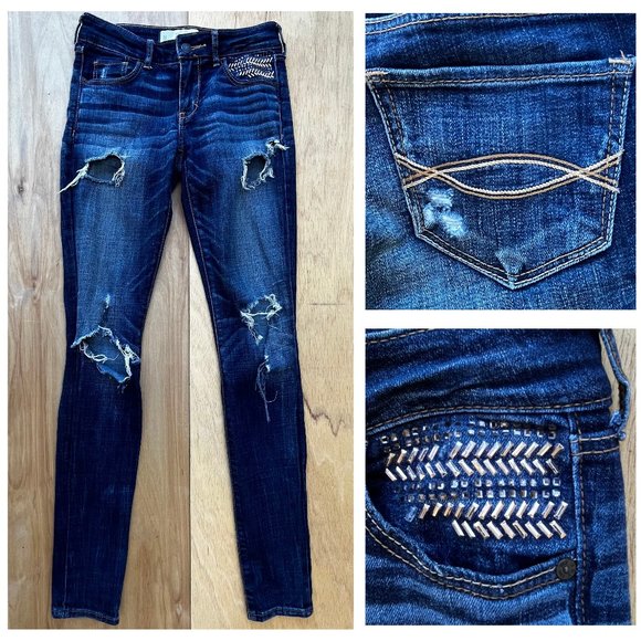 ABERCROMBIE & FITCH SKINNY LOW RISE Women’s Embellished Jeans sz W24 / 00 - Picture 1 of 13